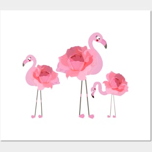 Flamingo with pink hand drawn roses Posters and Art